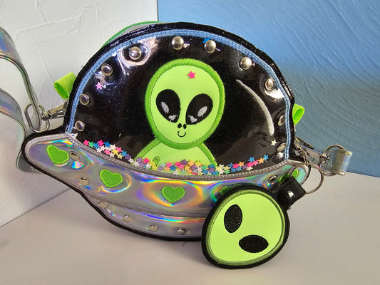 Glow in the Dark Round UFO Rivet Bag with Alien Keychain